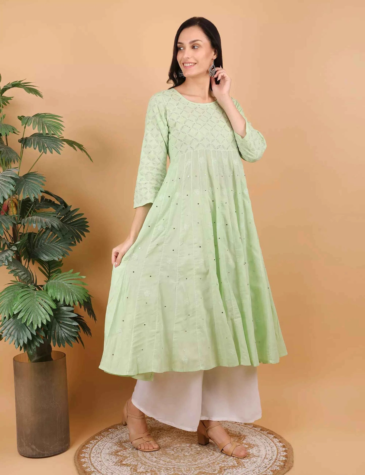 Shwet Women Pista Green Hand Embroidered Chikankari Kali Dress