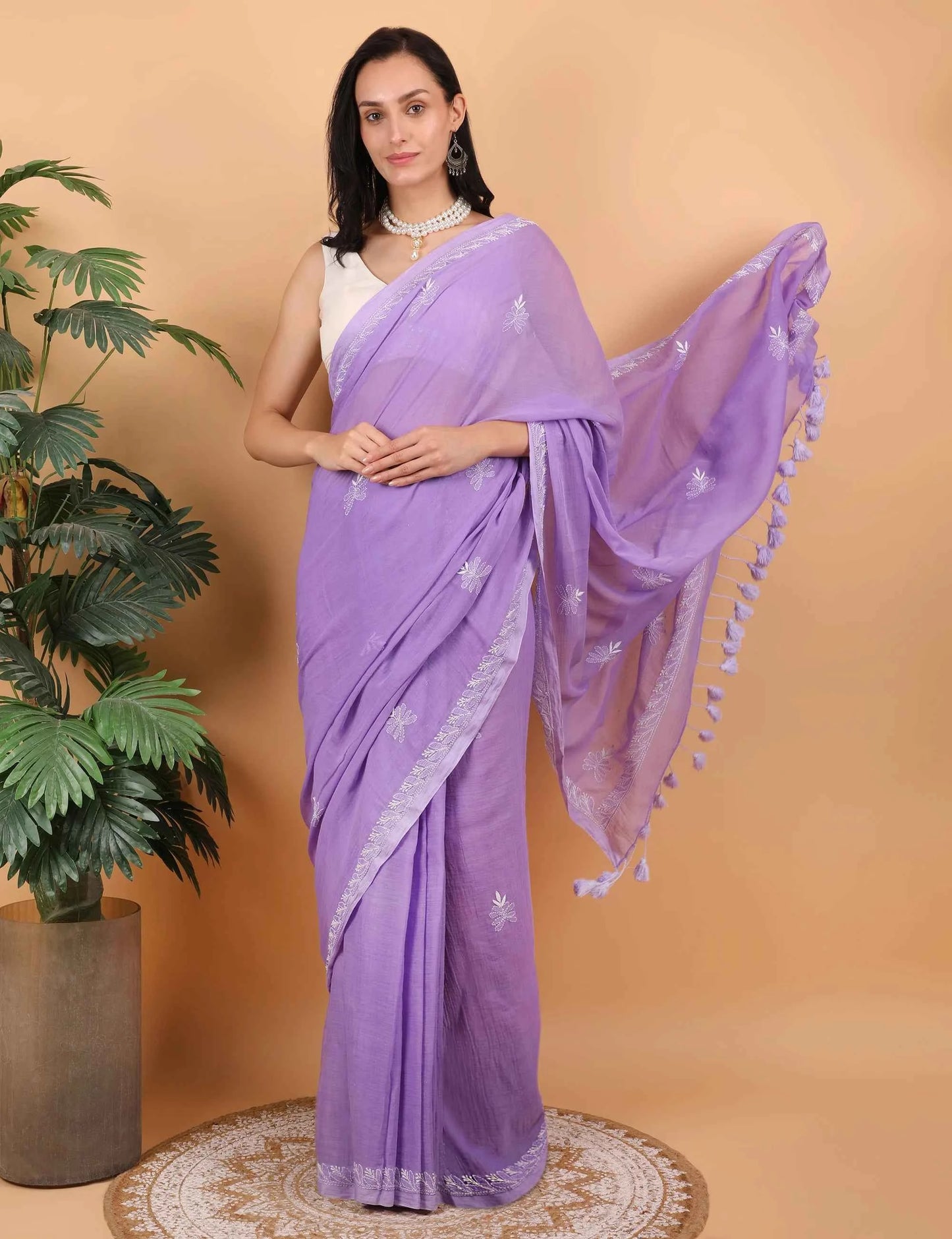 Shwet Women Purple Hand Embroidered Chikankari Mulmul Saree