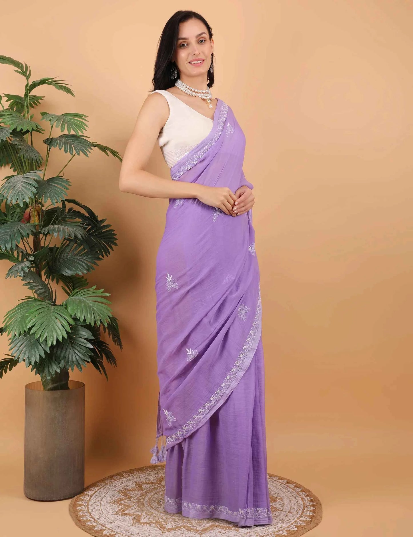 Shwet Women Purple Hand Embroidered Chikankari Mulmul Saree