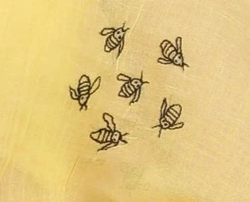 Five black bees on a yellow background