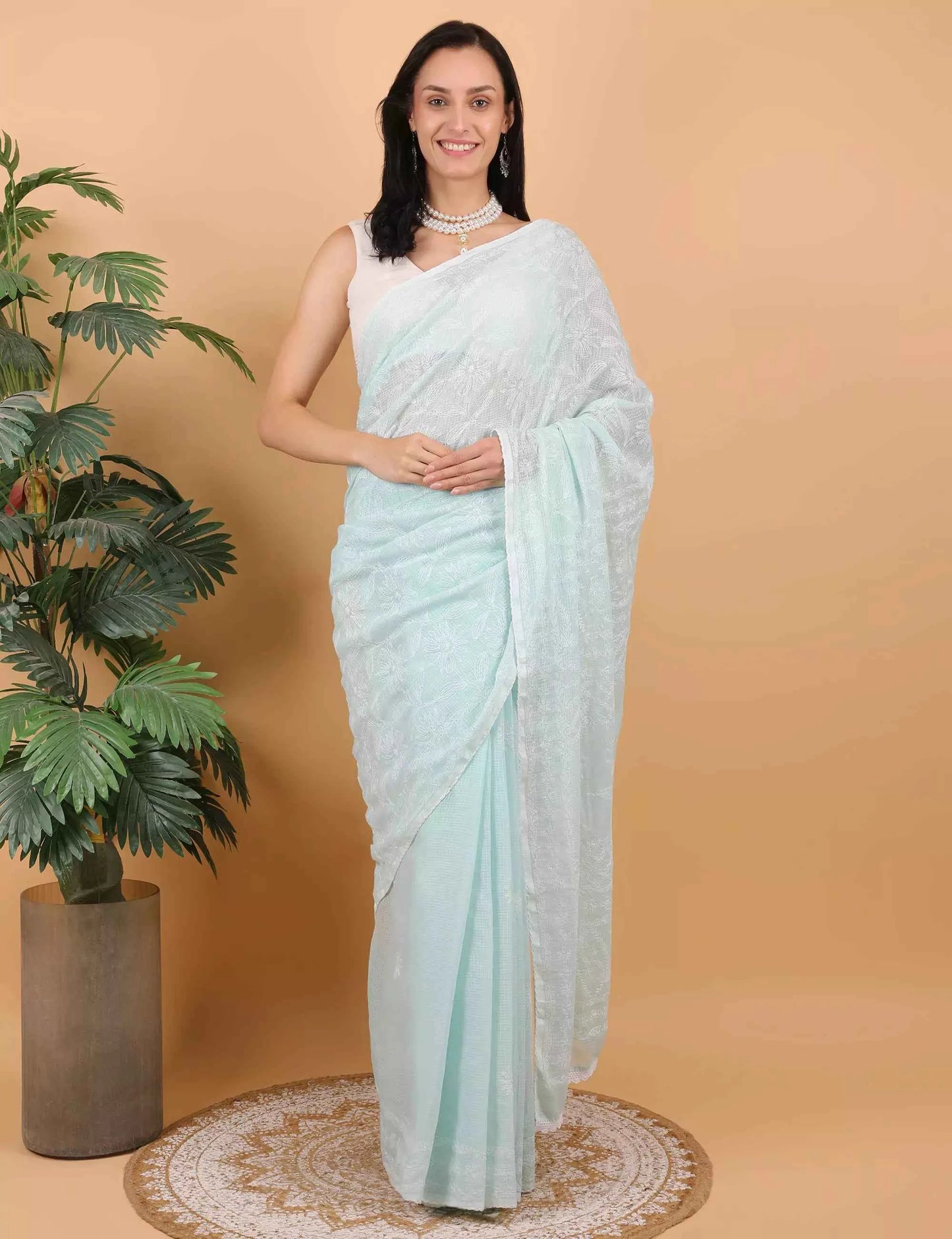 Women Hand Embroidered Sea Blue Kota Cotton Chikankari Saree