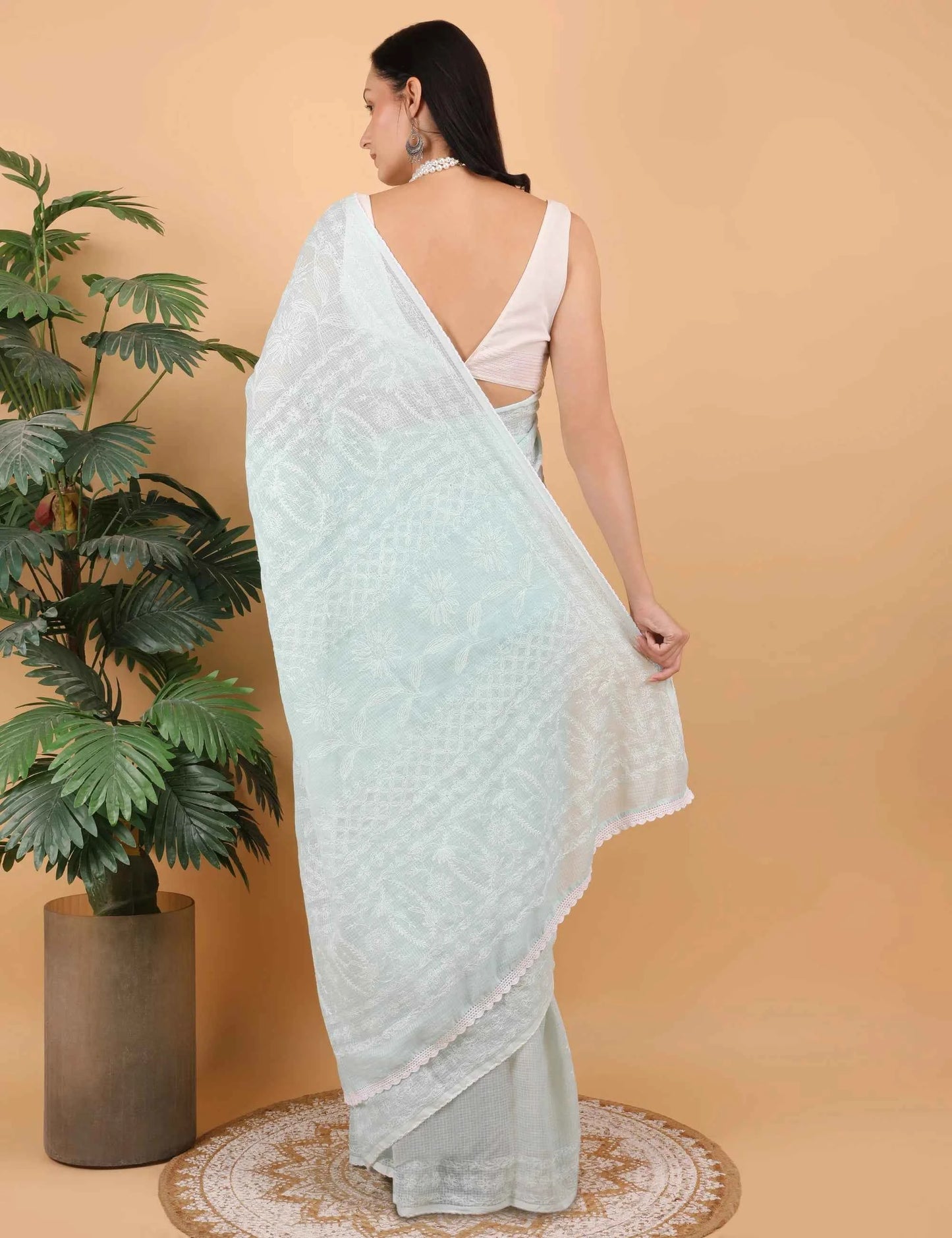 Women Hand Embroidered Sea Blue Kota Cotton Chikankari Saree