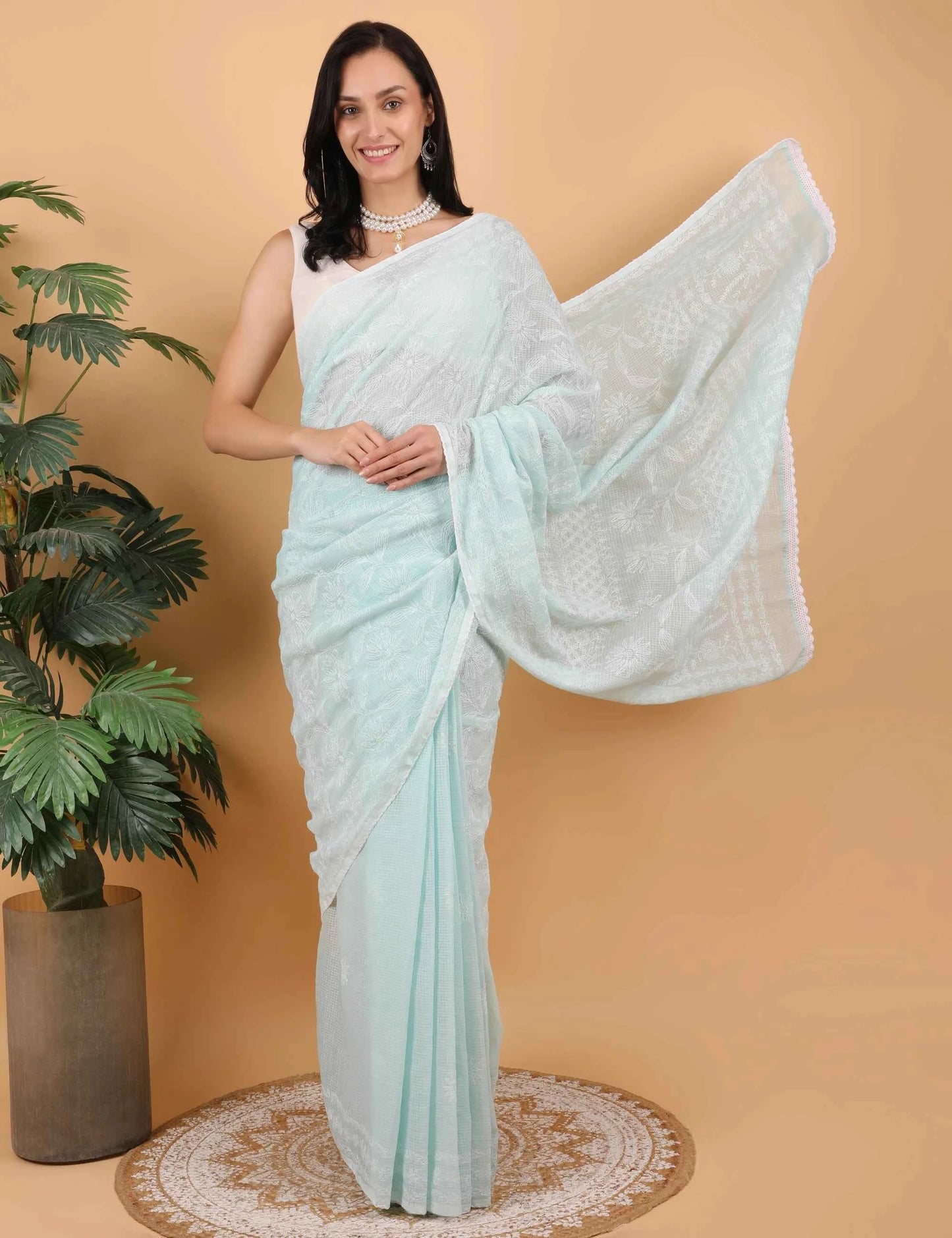 Women Hand Embroidered Sea Blue Kota Cotton Chikankari Saree