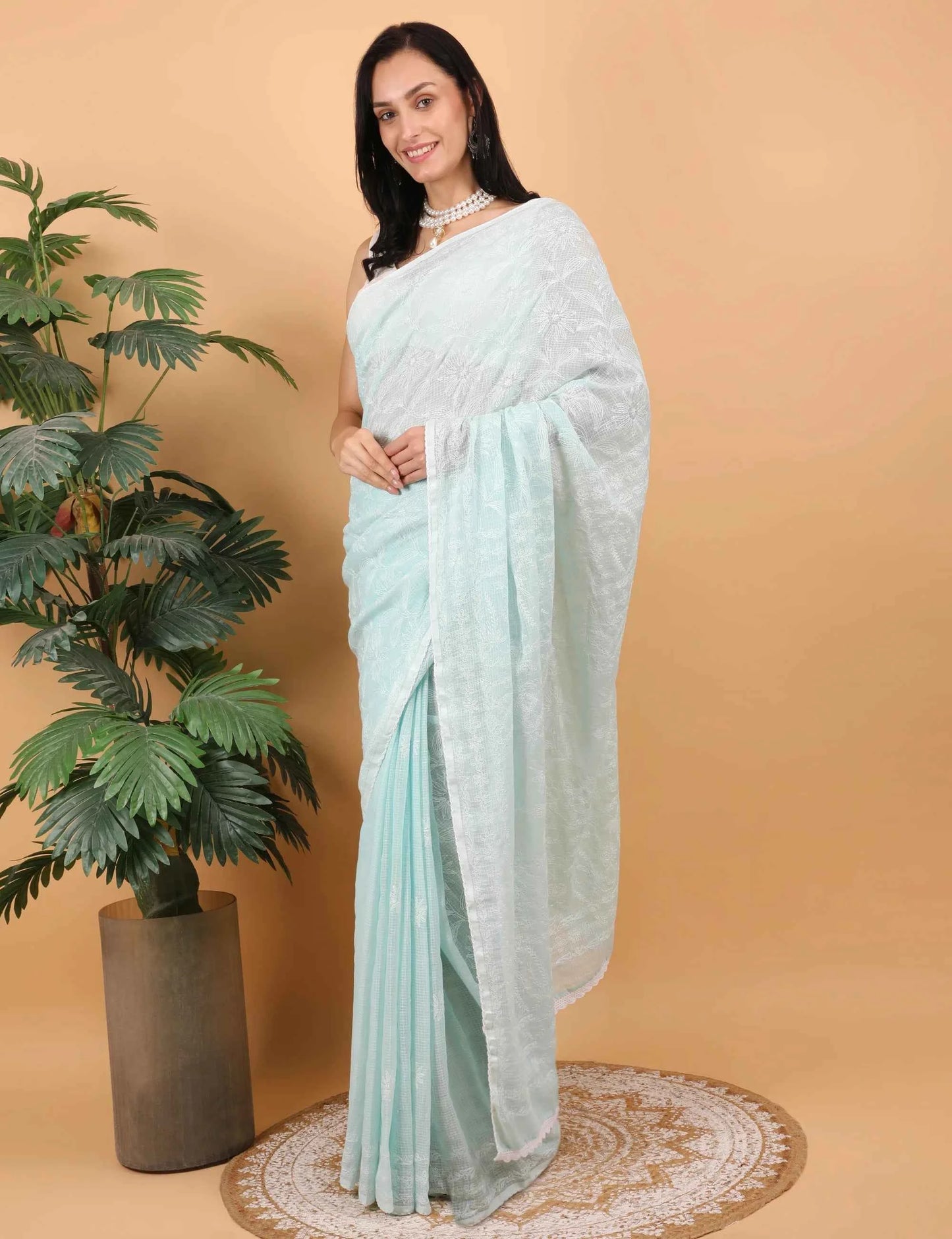 Women Hand Embroidered Sea Blue Kota Cotton Chikankari Saree