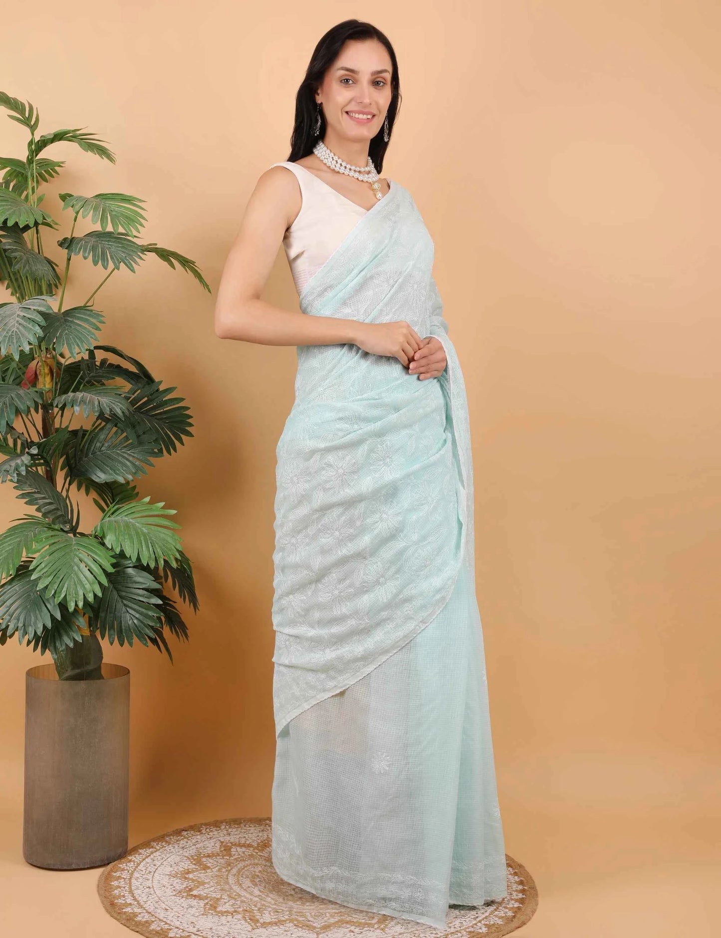 Women Hand Embroidered Sea Blue Kota Cotton Chikankari Saree