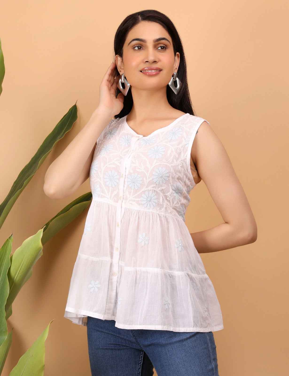 Shwet White Hand Embroidered Chikankari Tier top