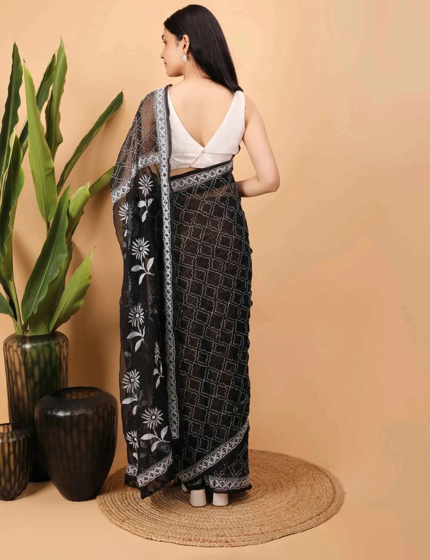 Shwet Black Georgette Chikankari Saree
