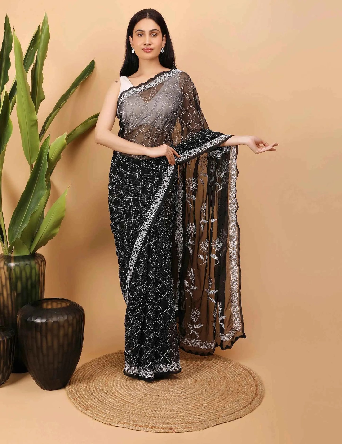 Shwet Black Georgette Chikankari Saree