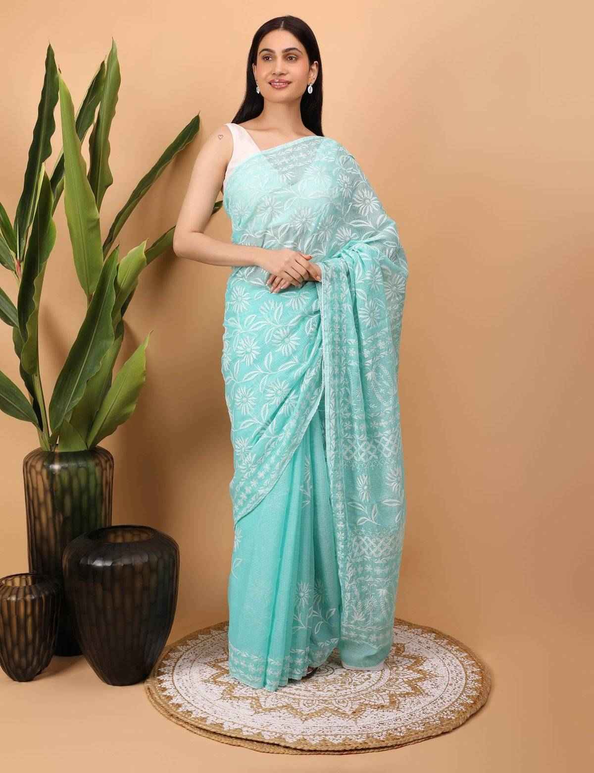 Shwet Cyan Blue Kota Cotton Chikankari Saree