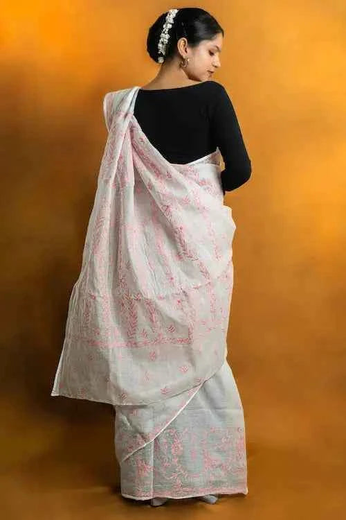 shwet grey pink kota cotton chikankari saree