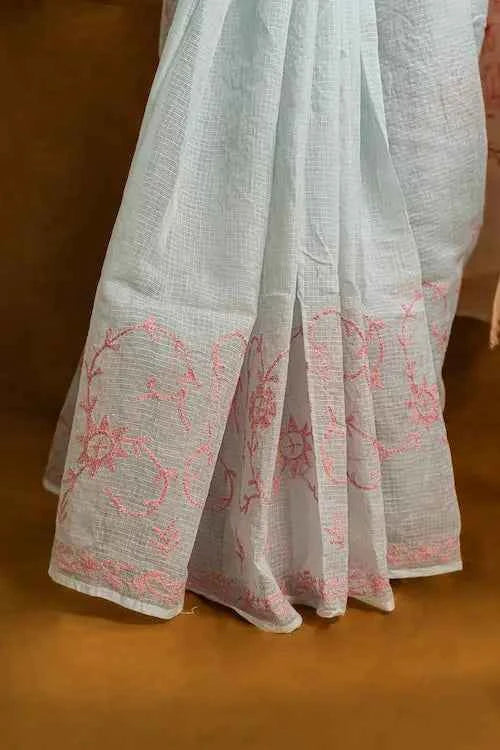 shwet grey pink kota cotton chikankari saree