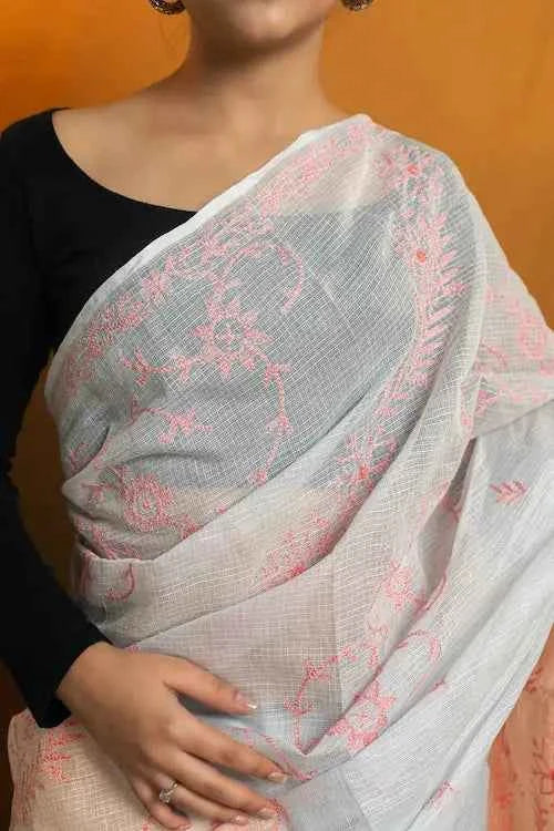 shwet grey pink kota cotton chikankari saree