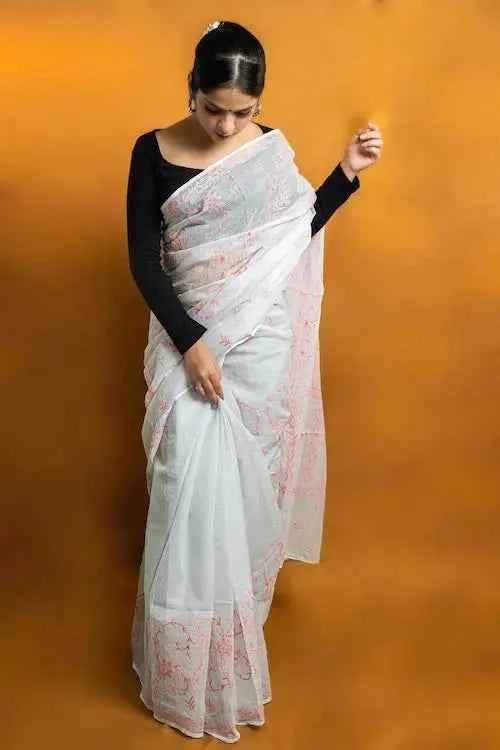 shwet grey pink kota cotton chikankari saree