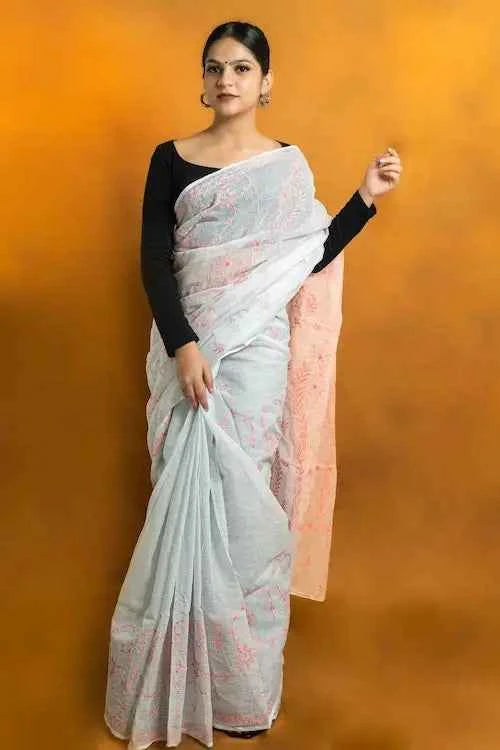 shwet grey pink kota cotton chikankari saree