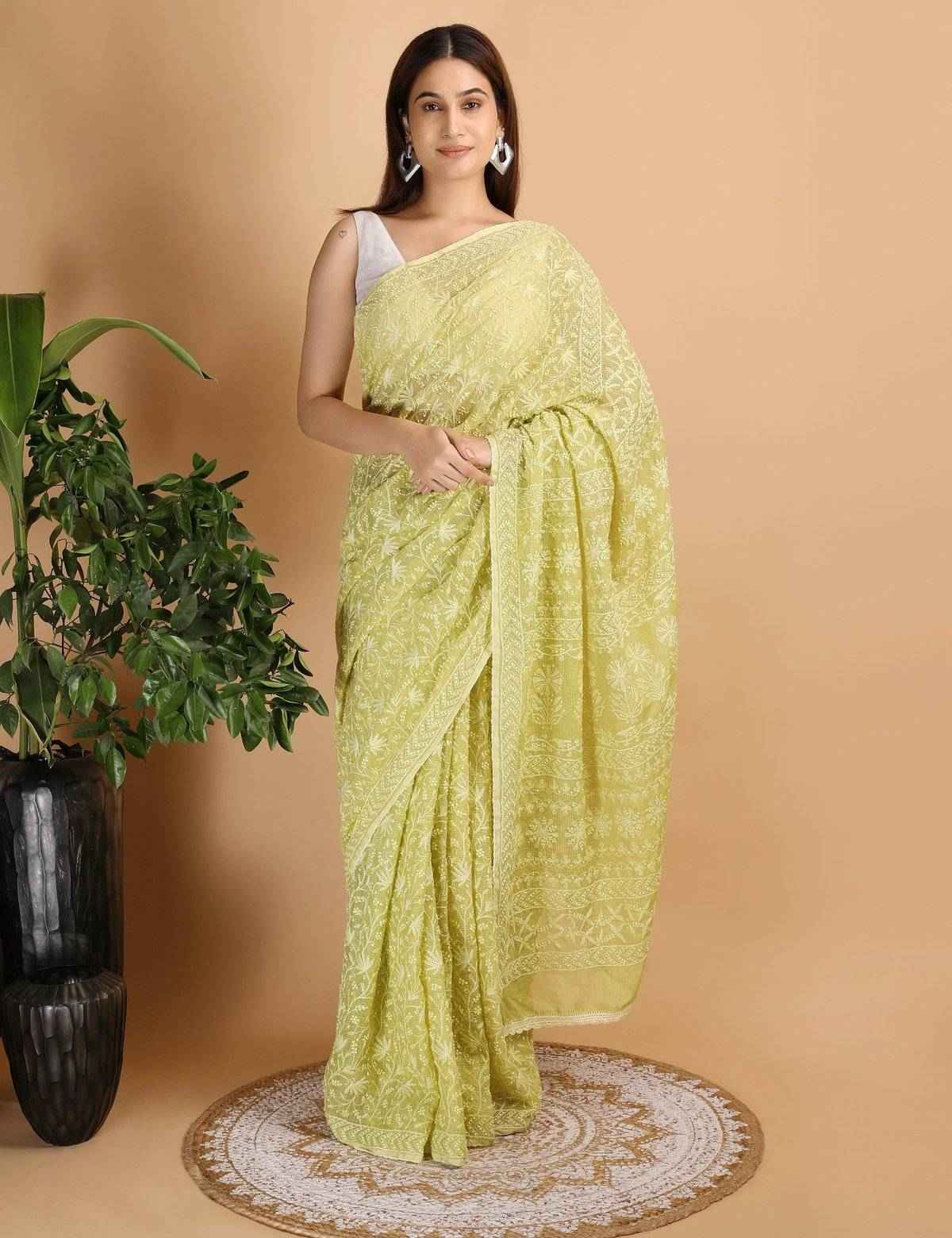 Shwet Parrot Green Kota Cotton Chikankari Saree