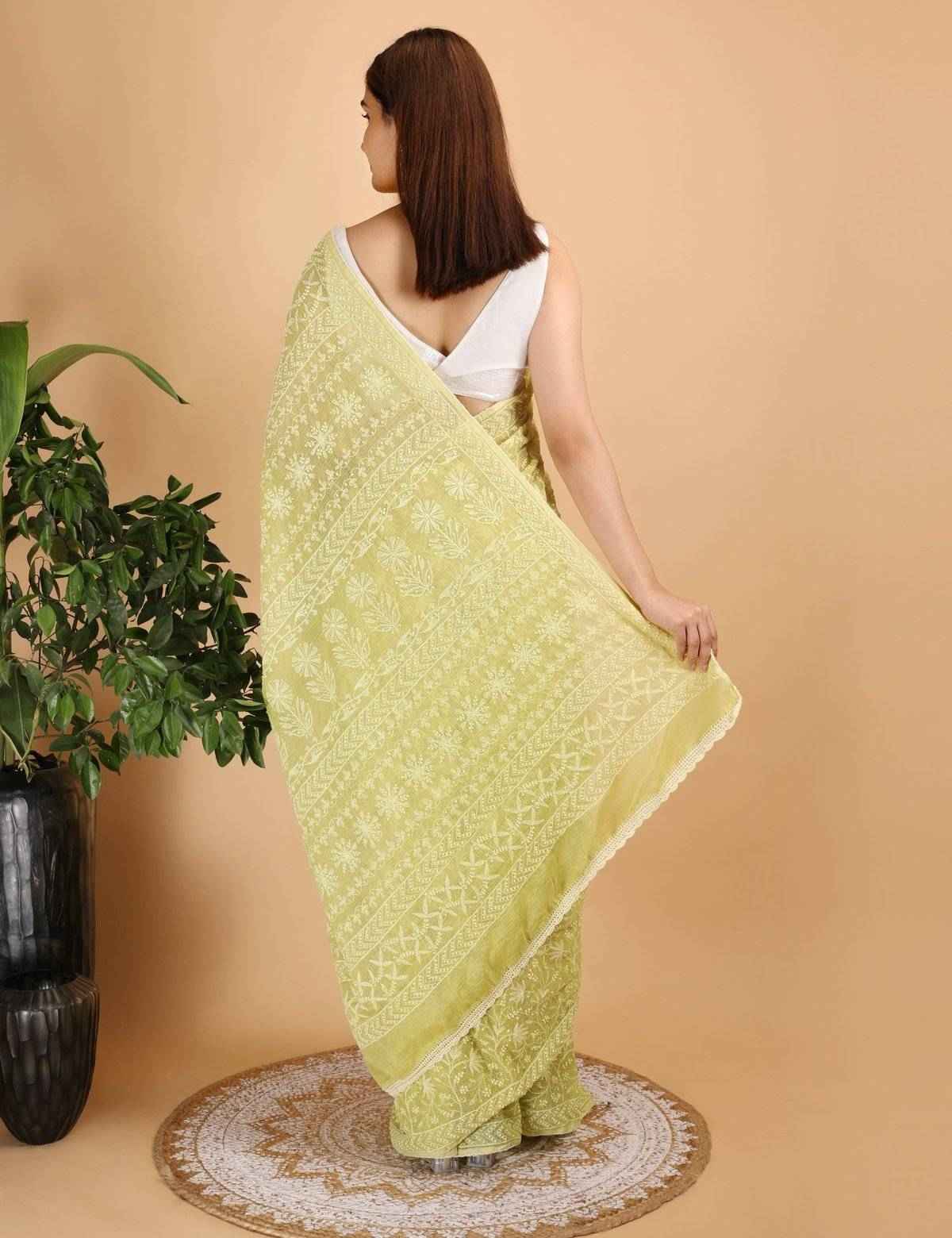 Shwet Parrot Green Kota Cotton Chikankari Saree