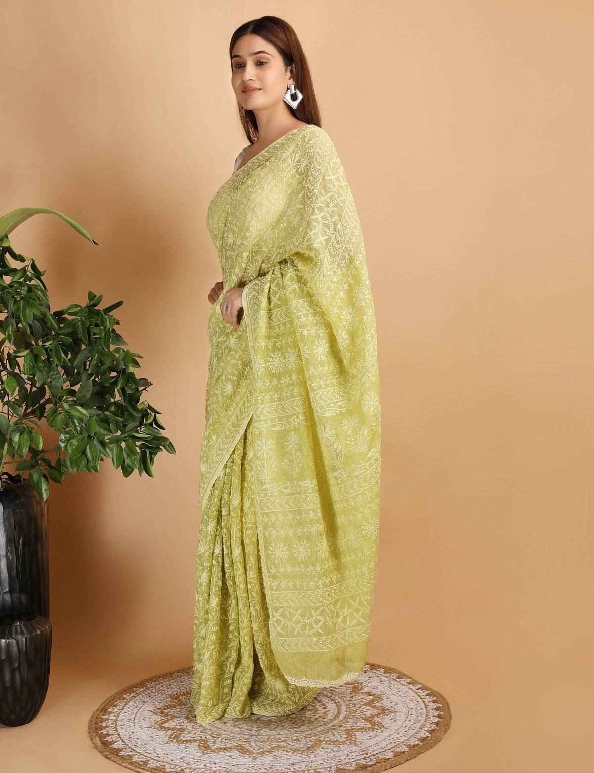 Shwet Parrot Green Kota Cotton Chikankari Saree