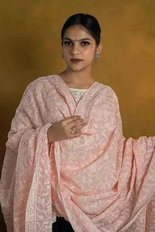 shwet pestal hues peach chikankari cotton dupatta