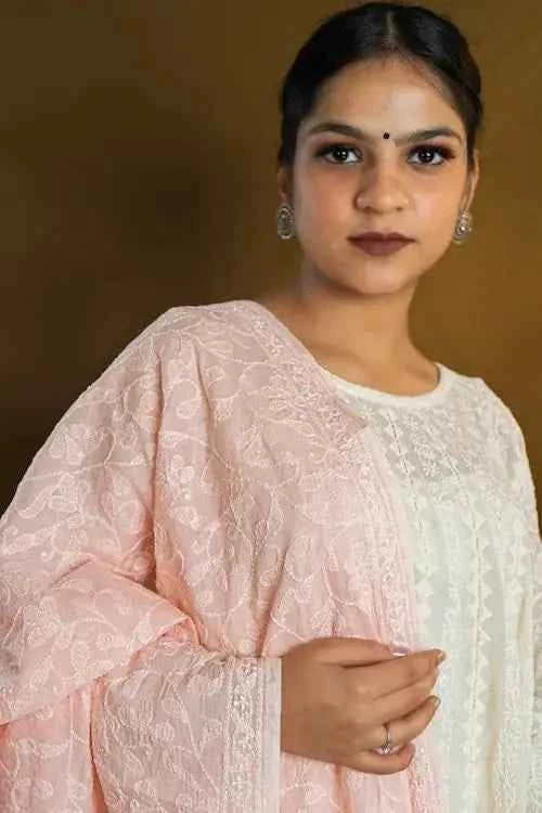 shwet pestal hues peach chikankari cotton dupatta