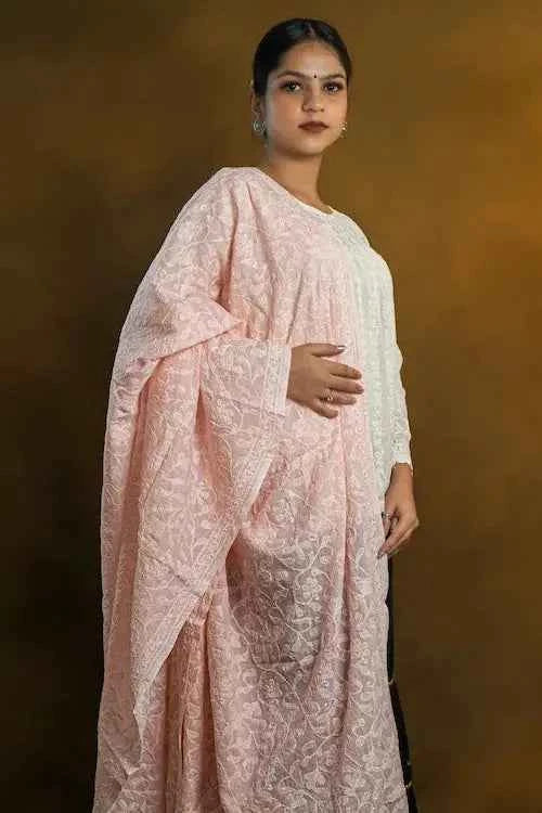 shwet pestal hues peach chikankari cotton dupatta