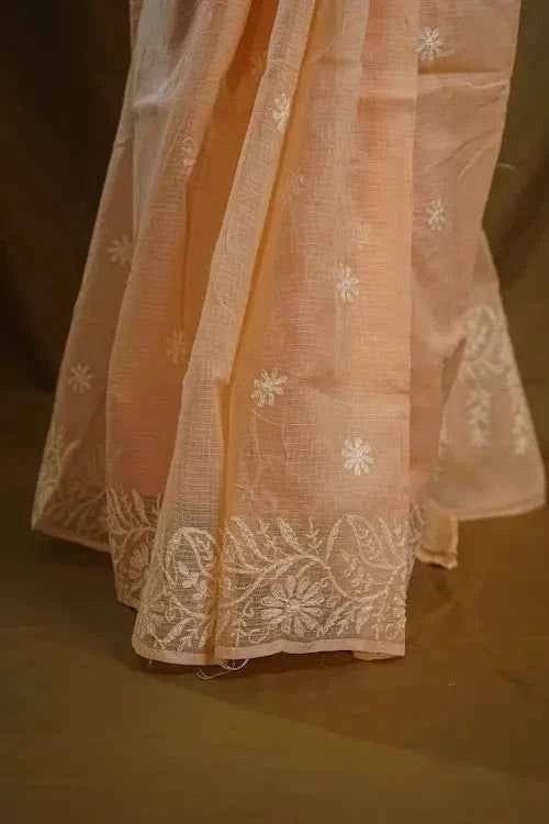 shwet peach kota cotton chikankari saree
