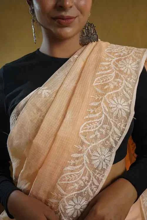 shwet peach kota cotton chikankari saree