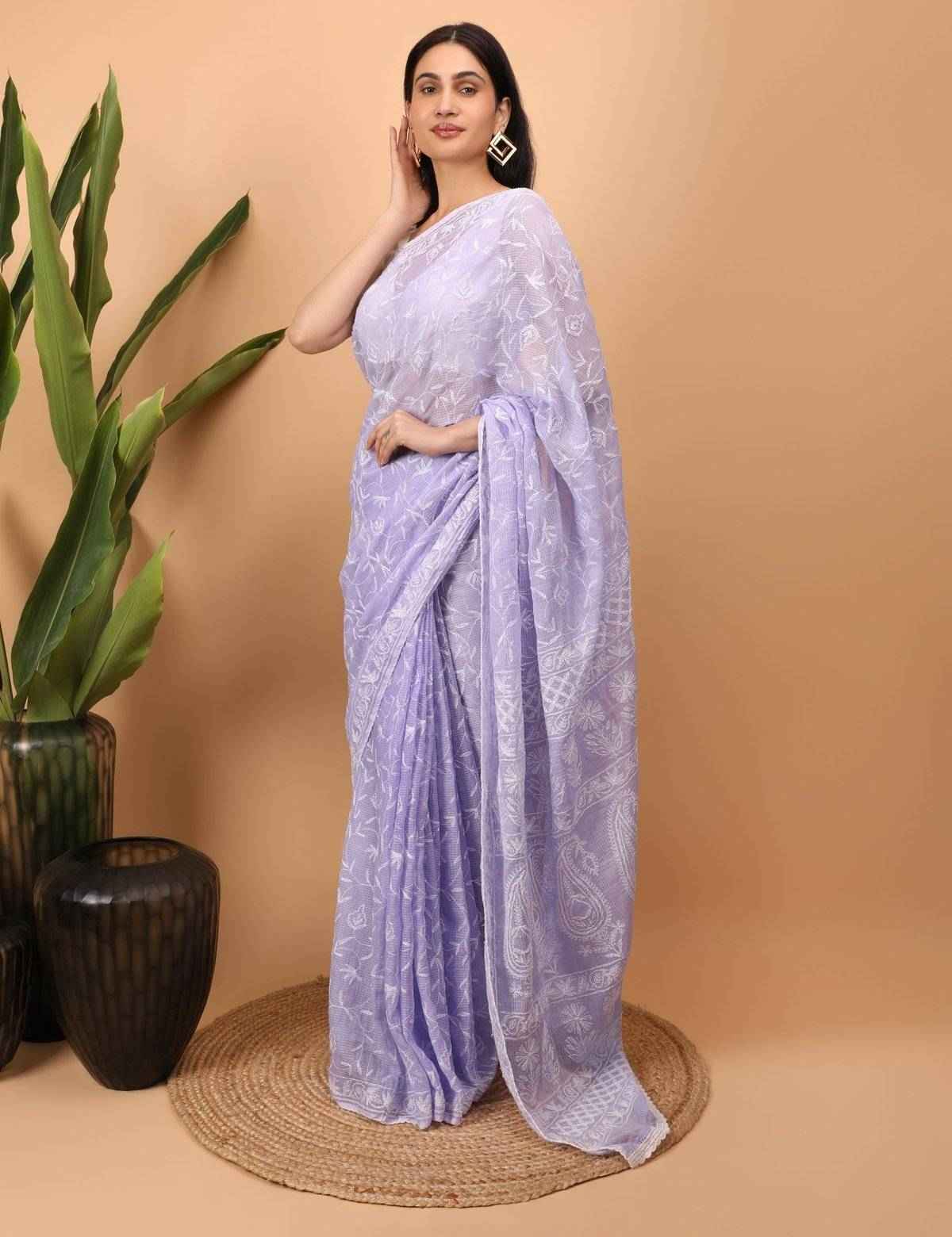 Shwet Purple Kota Cotton Chikankari Saree