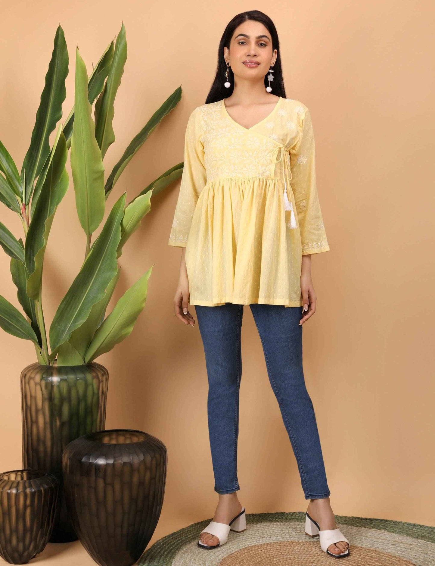 shwet yellow white women chikankari angarkha top