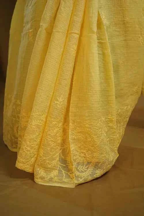 shwet yellow kota cotton chikankari saree