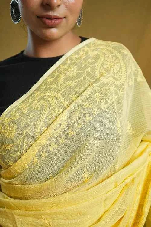 shwet yellow kota cotton chikankari saree