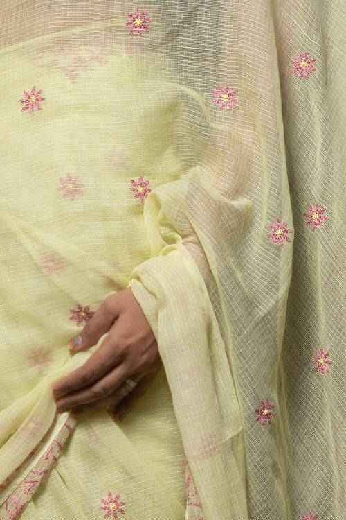 shwet yellow maroon kota cotton chikankari saree