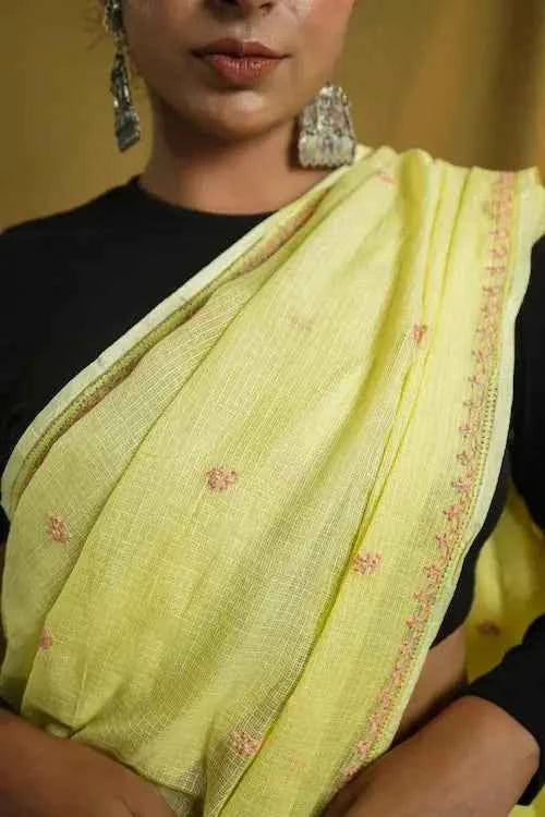 shwet yellow peach kota cotton chikankari saree