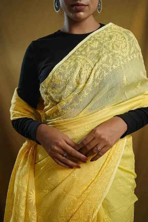 shwet yellow kota cotton chikankari saree