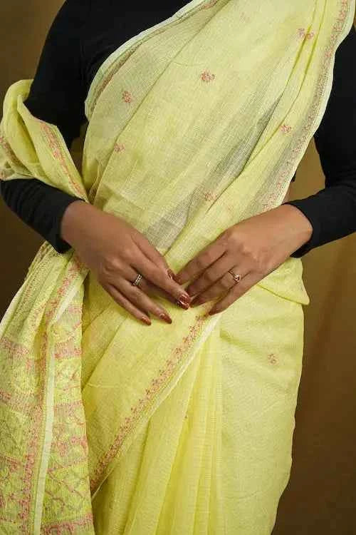 shwet yellow peach kota cotton chikankari saree