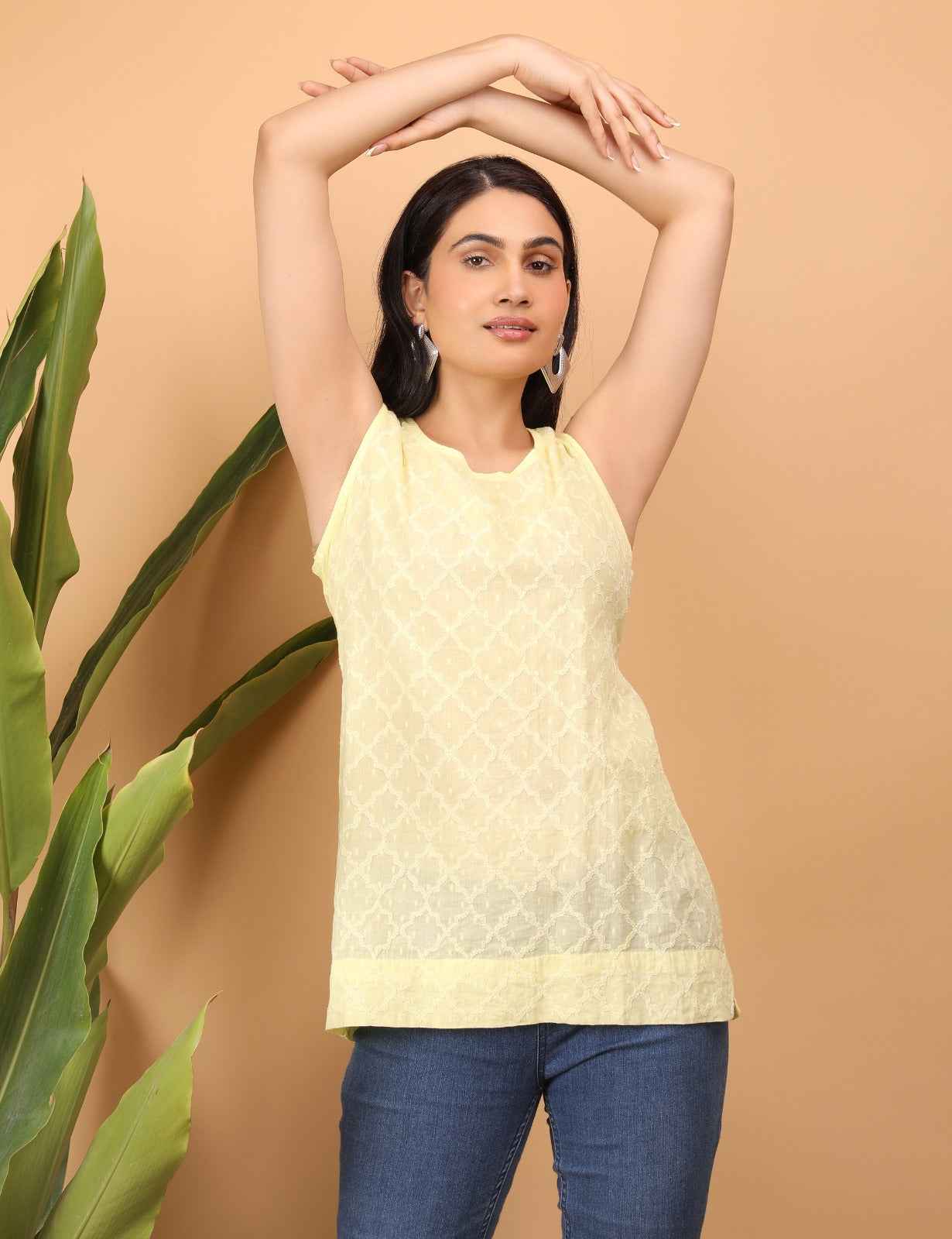 Shwet Women Yellow Chikankari Sleeveless Top