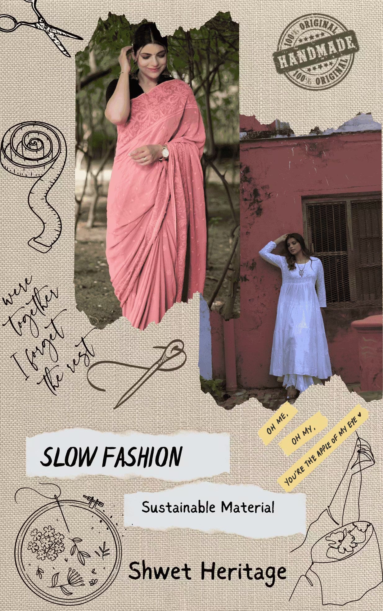 Collage of a woman in a pink saree with text on sustainable fashion and 'Shwet Heritage'.
