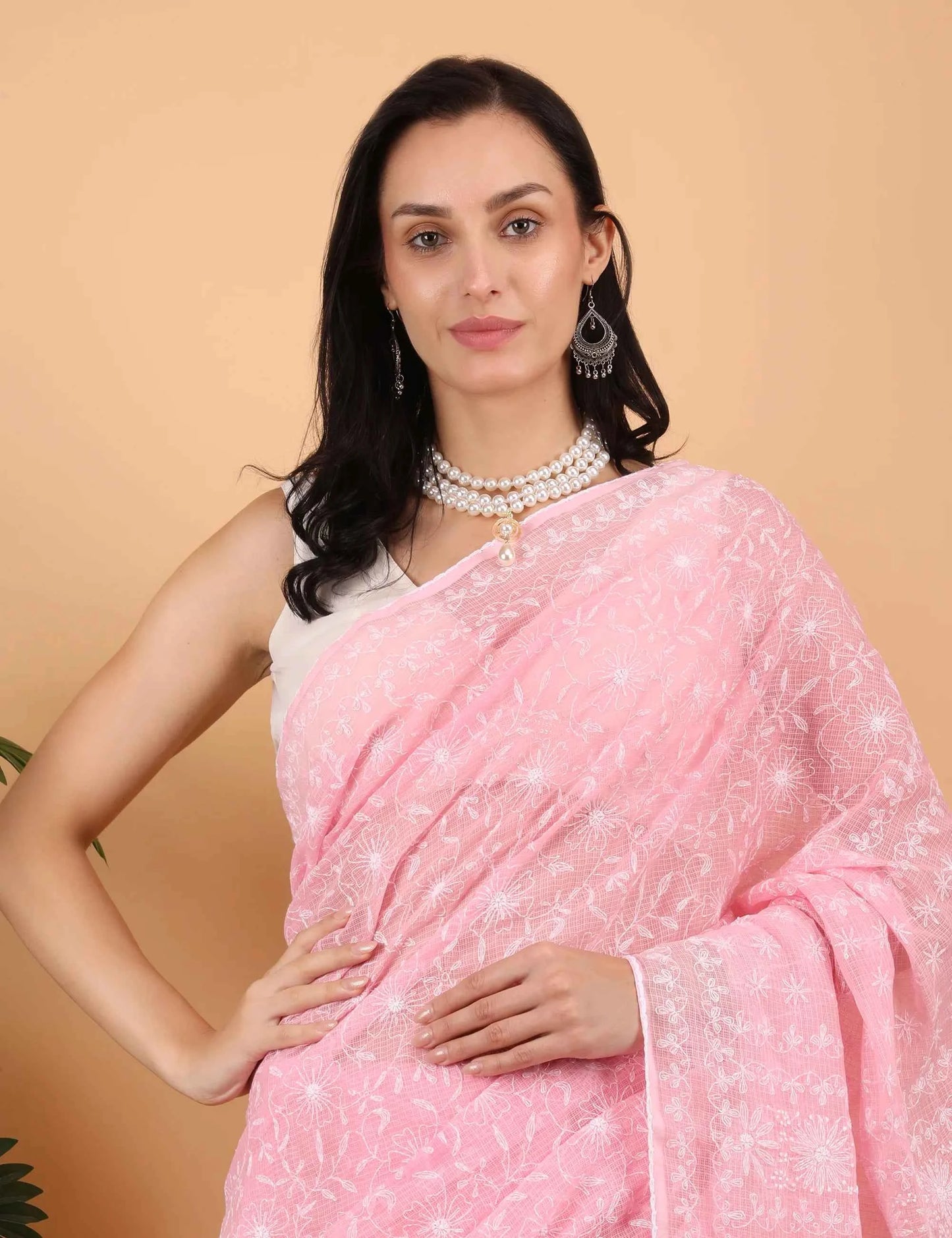 Shwet Women Hand Embroidered Baby Pink Kota Cotton Chikankari Saree