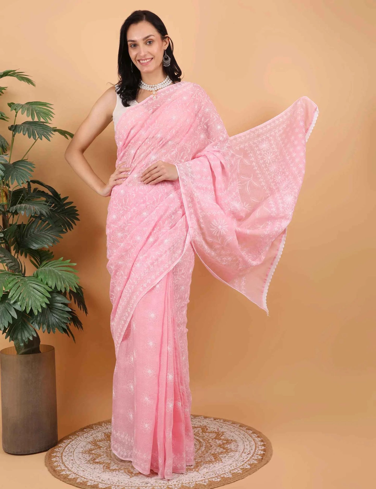 Shwet Women Hand Embroidered Baby Pink Kota Cotton Chikankari Saree