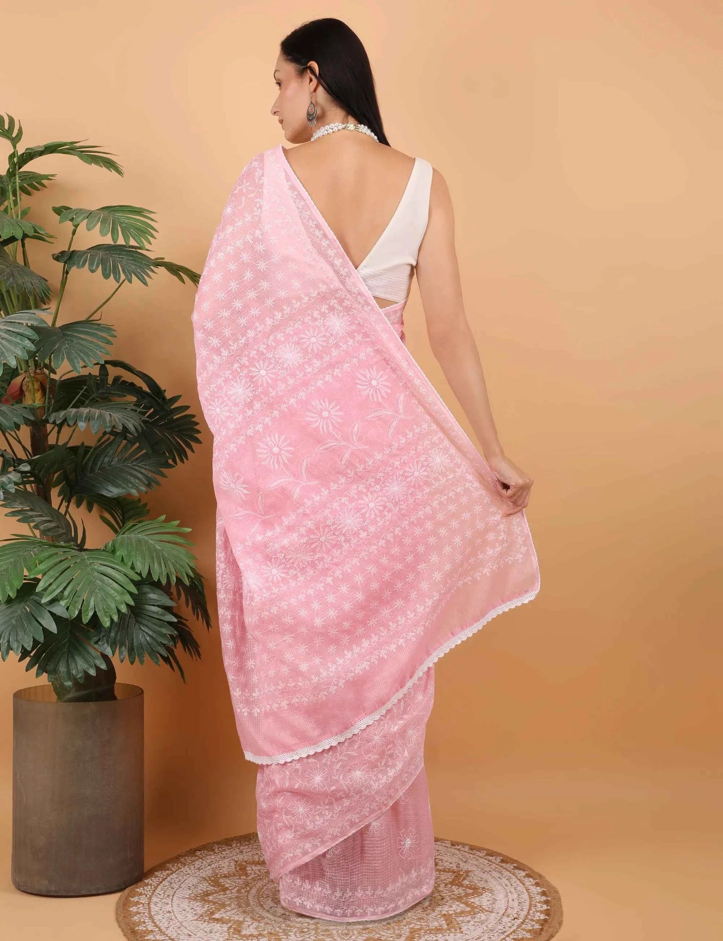 Shwet Women Hand Embroidered Baby Pink Kota Cotton Chikankari Saree