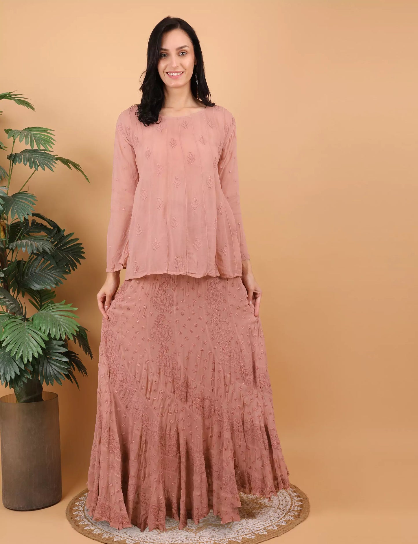 Shwet Women Beige  Hand Embroidered Chikankari  Jalebi Lehenga Choli