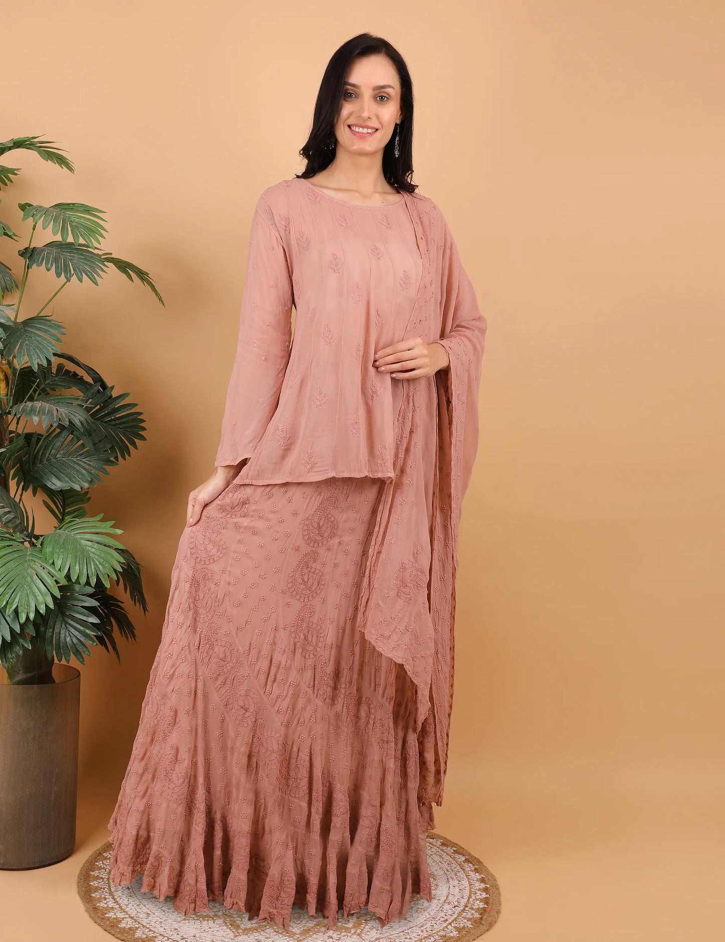 Shwet Women Beige  Hand Embroidered Chikankari  Jalebi Lehenga Choli