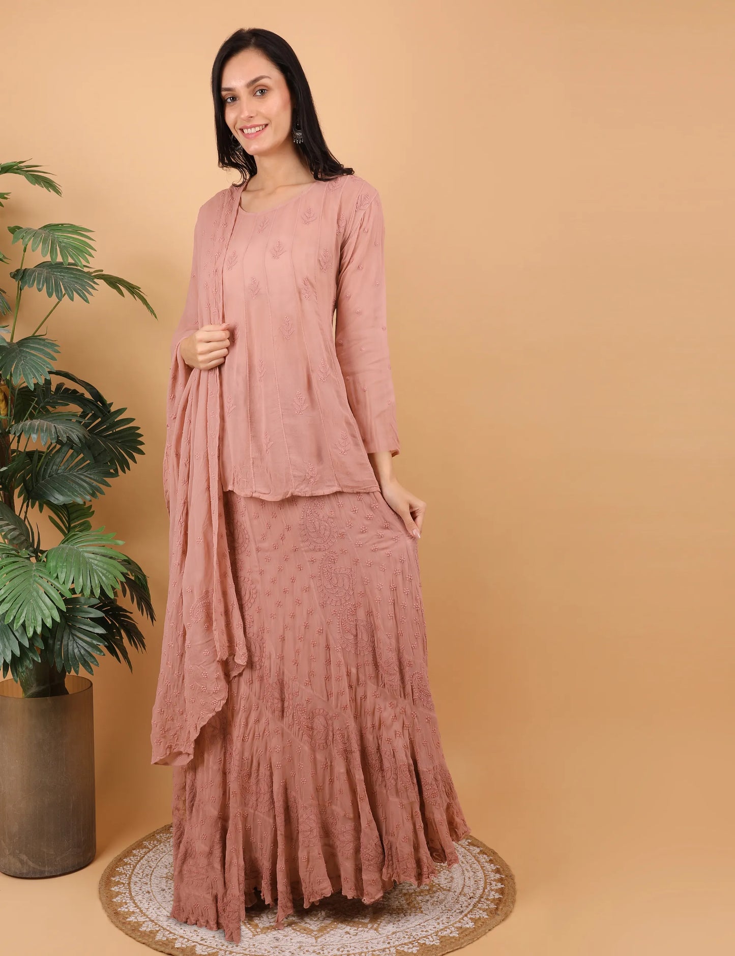 Shwet Women Beige  Hand Embroidered Chikankari  Jalebi Lehenga Choli