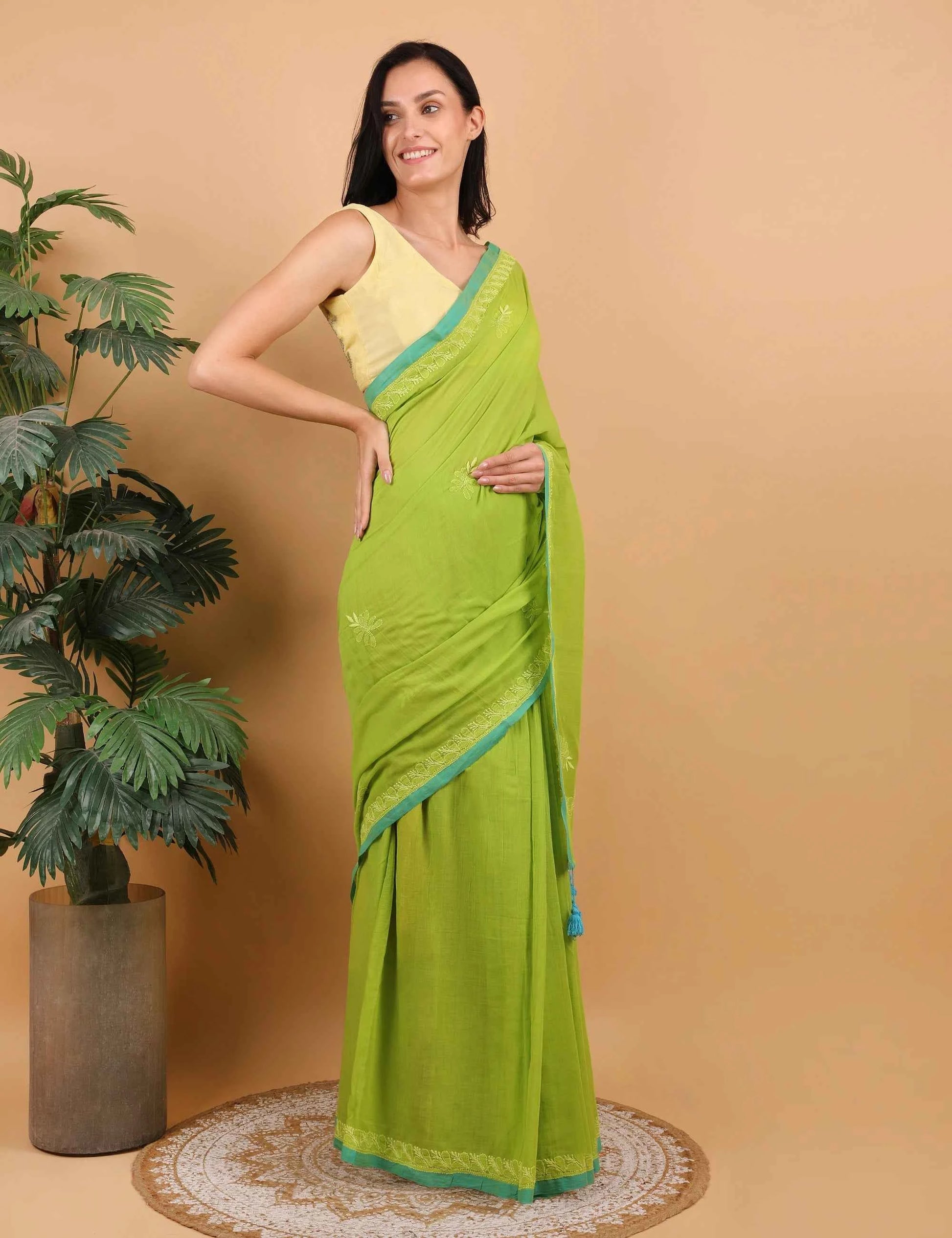 Women Parrot Green  Hand Embroidered Chikankari  Mulmul Saree
