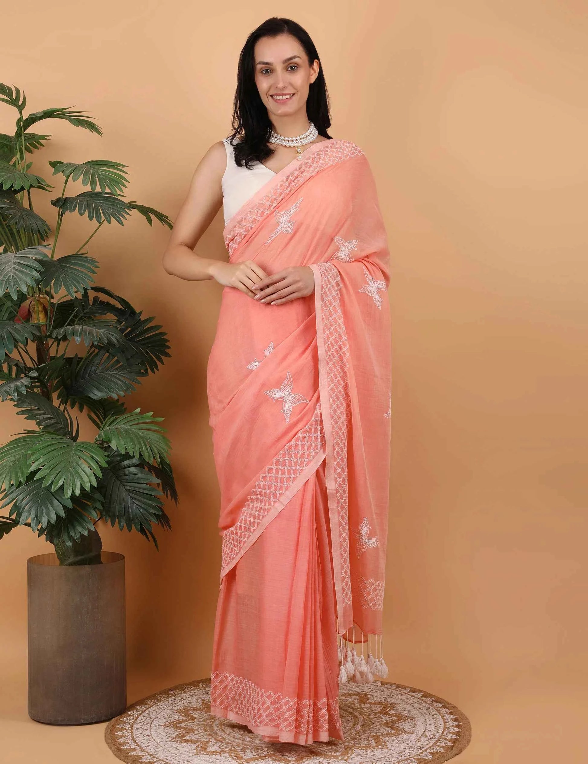 Shwet Women Peach  Hand Embroidered Chikankari  Mulmul Saree