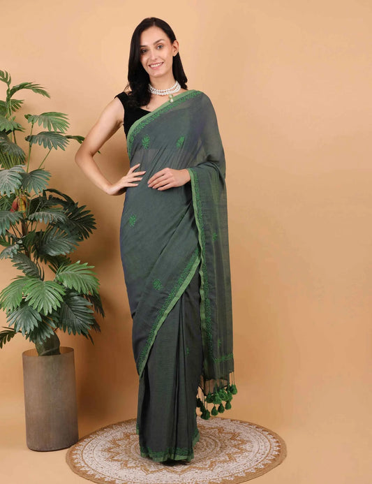 Shwet Women Dark Green  Hand Embroidered Chikankari  Mulmul Saree