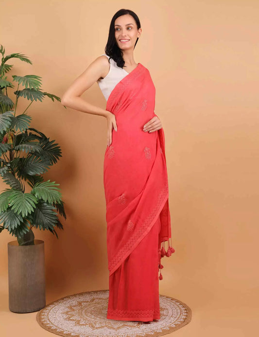 Shwet Women Coral Pink Hand Embroidered Chikankari Saree