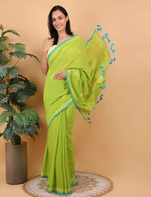 Women Parrot Green  Hand Embroidered Chikankari  Mulmul Saree