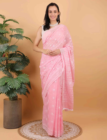 Shwet Women Hand Embroidered  Baby Pink Kota Cotton Chikankari Saree