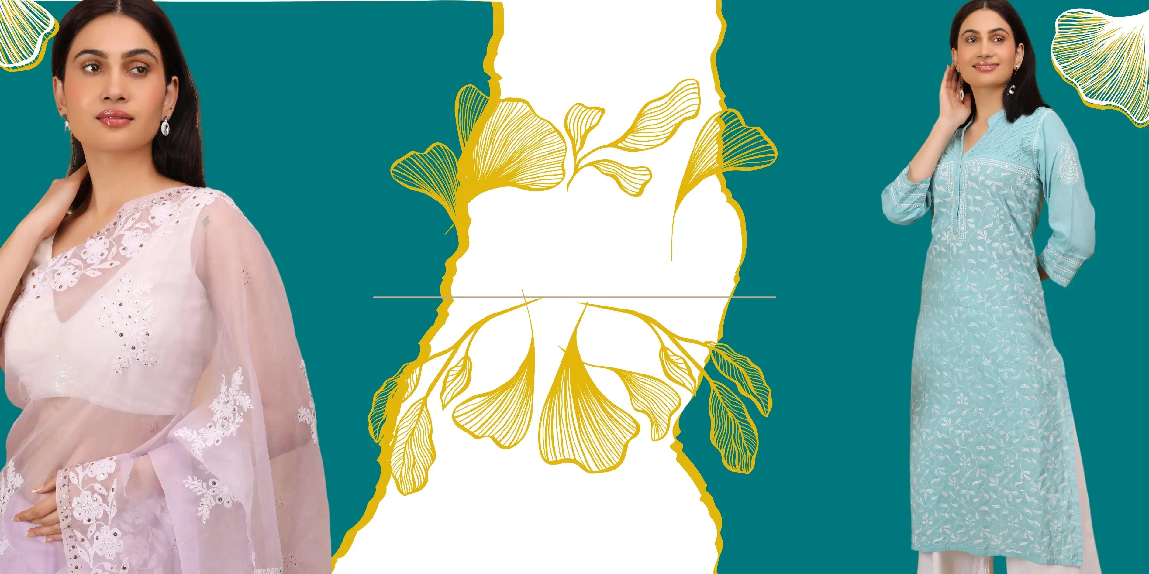 A stylish hero banner featuring two elegant South Asian women dressed in pastel Chikankari outfits from Shwet Artistry. The background is a rich teal with abstract yellow floral motifs, showcasing the grace and intricacy of handmade embroidery. One model wears a soft lavender saree  with white threadwork, while the other sports a powder blue kurti with delicate white patterns. A perfect representation of timeless elegance and handcrafted tradition.
Copyright by  www.shwetartistry.com