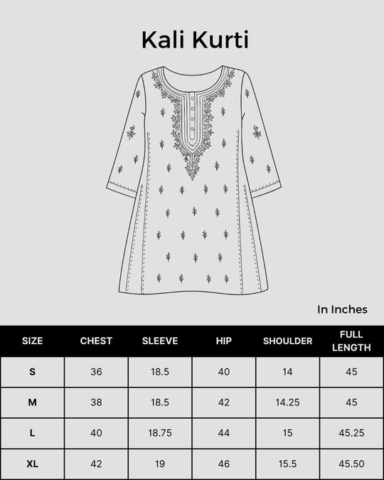 Size chart for Women Pink Hand Embroidered Chikankari Kali Kurti